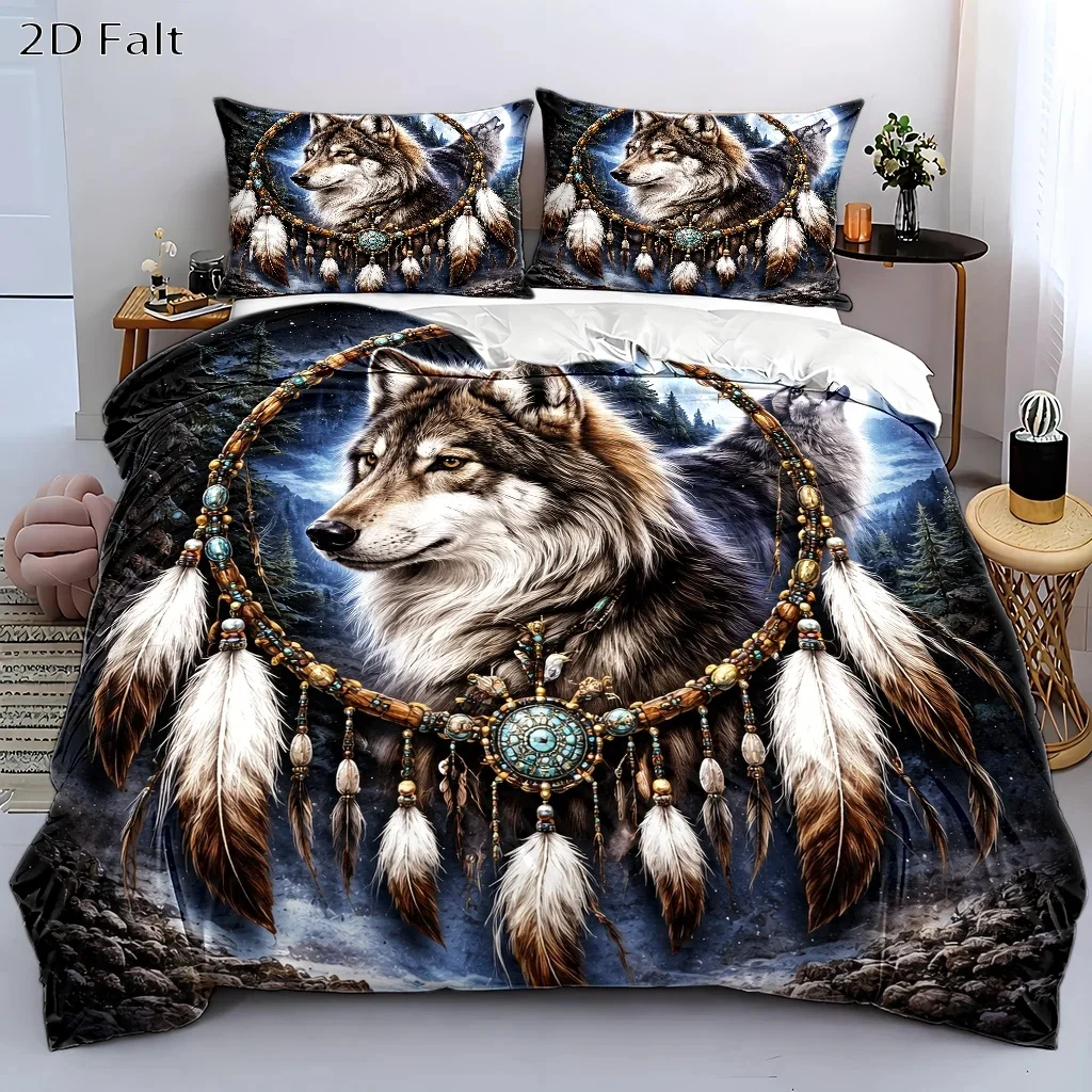 3Pc Indian-Style Dreamcatcher Double Wolf Duvet Cover Set, Three-Piece Bedding Set (1*Duvet Cover + 2*Pillowcases), Suitable for All Seasons, Machine Washable, Invisible Zipper Design, Large Double Bed Cover Set, Suitable for Home, Dormitory, Master Bedroom, Guest Room, Dreamy Moonlit Wolf Totem Print, Retro Feather Beaded Decoration, Creating a Personalized Wild Sleeping Space