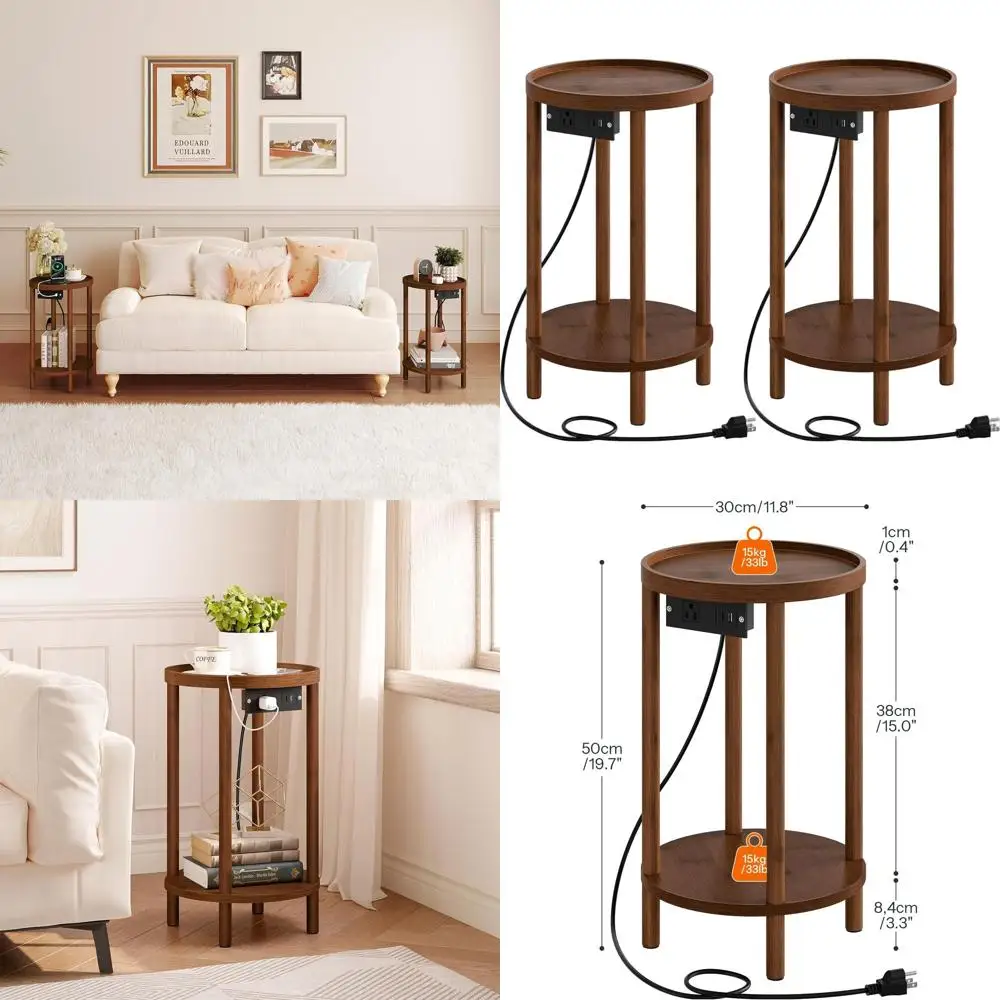 

2-Piece Bamboo Charging Side Tables, 2-Tier Design, Easy Assembly, Ideal for Living Spaces and Bedrooms