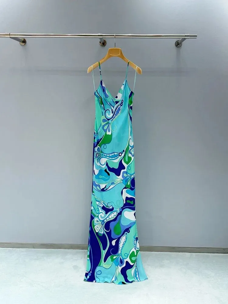 Summer Fashion Beach Party Elegant Spaghetti Strap Long Dress Women's Sexy High Waist Side Split A-Line Dress