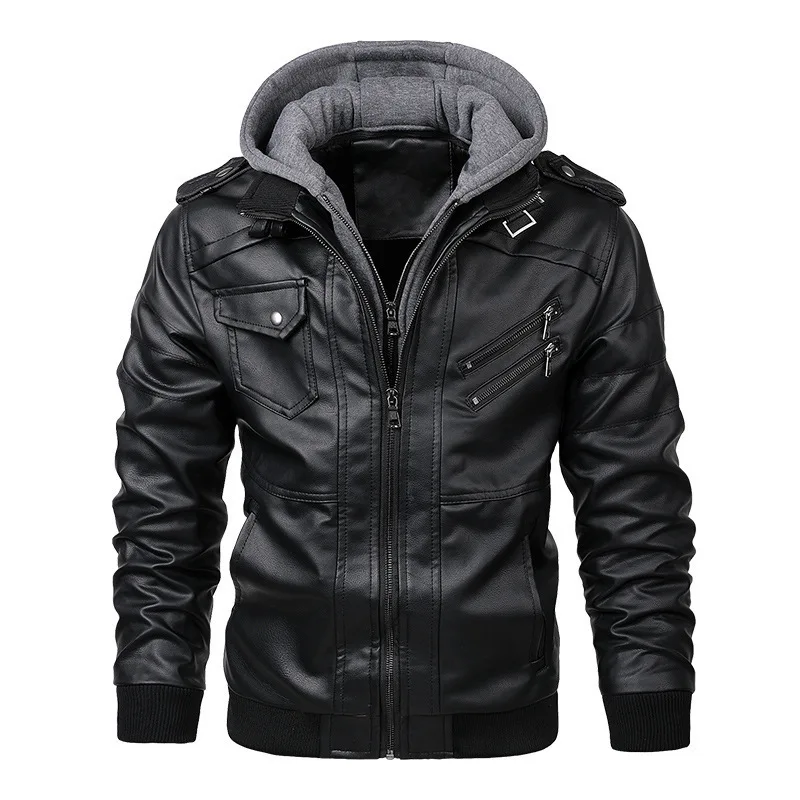 

Men's Jacket Hooded Leather Jacket Fake Two Piece