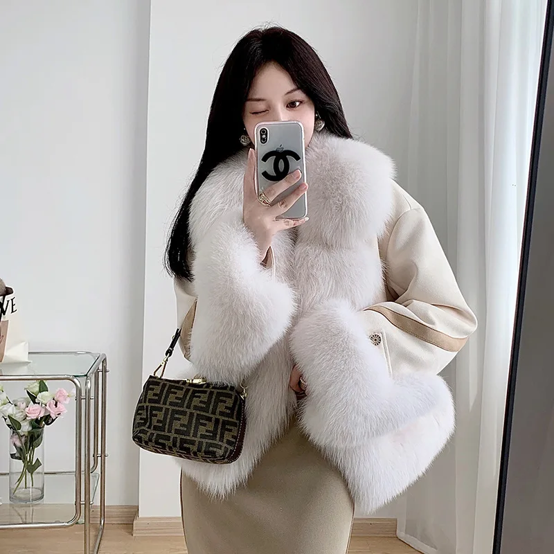 

Full Skin Fox Fur Grass Coat Women's Short Autumn/Winter New Haining Korean Edition suede down inner lining