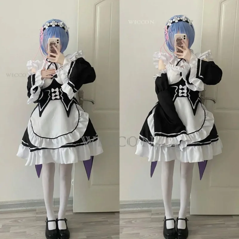 2025 NewAnime Ram Rem Lolita Maid Cosplay Vestido Re:zero Kara Hajimeru Isekai Seikatsu Halloween Costumes for Women AA