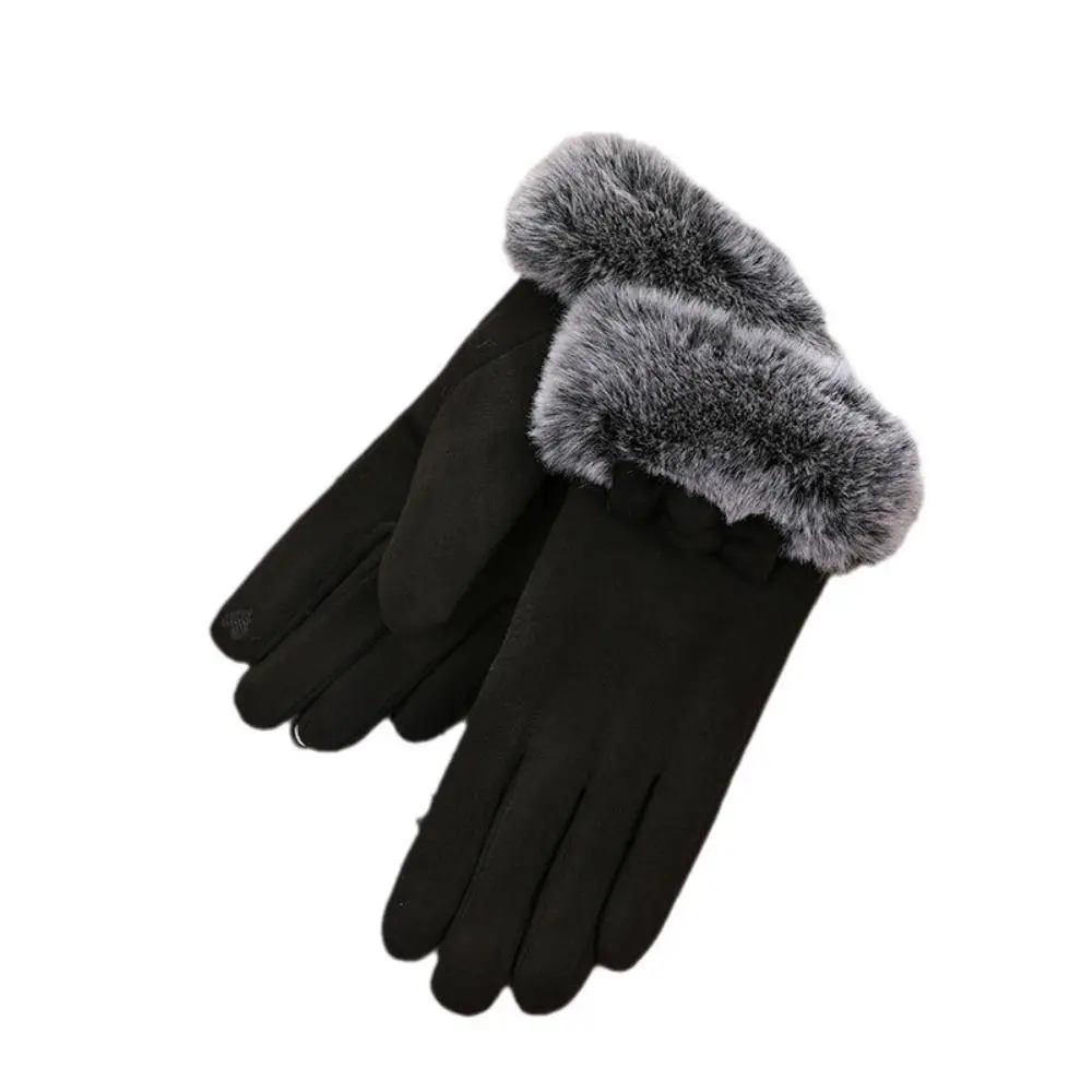 Lovely Touch Screen Bow Plush Gloves Keep Warm Solid Color Winter Velvet Gloves Anti Slip Thicken Women Mittens Ladies