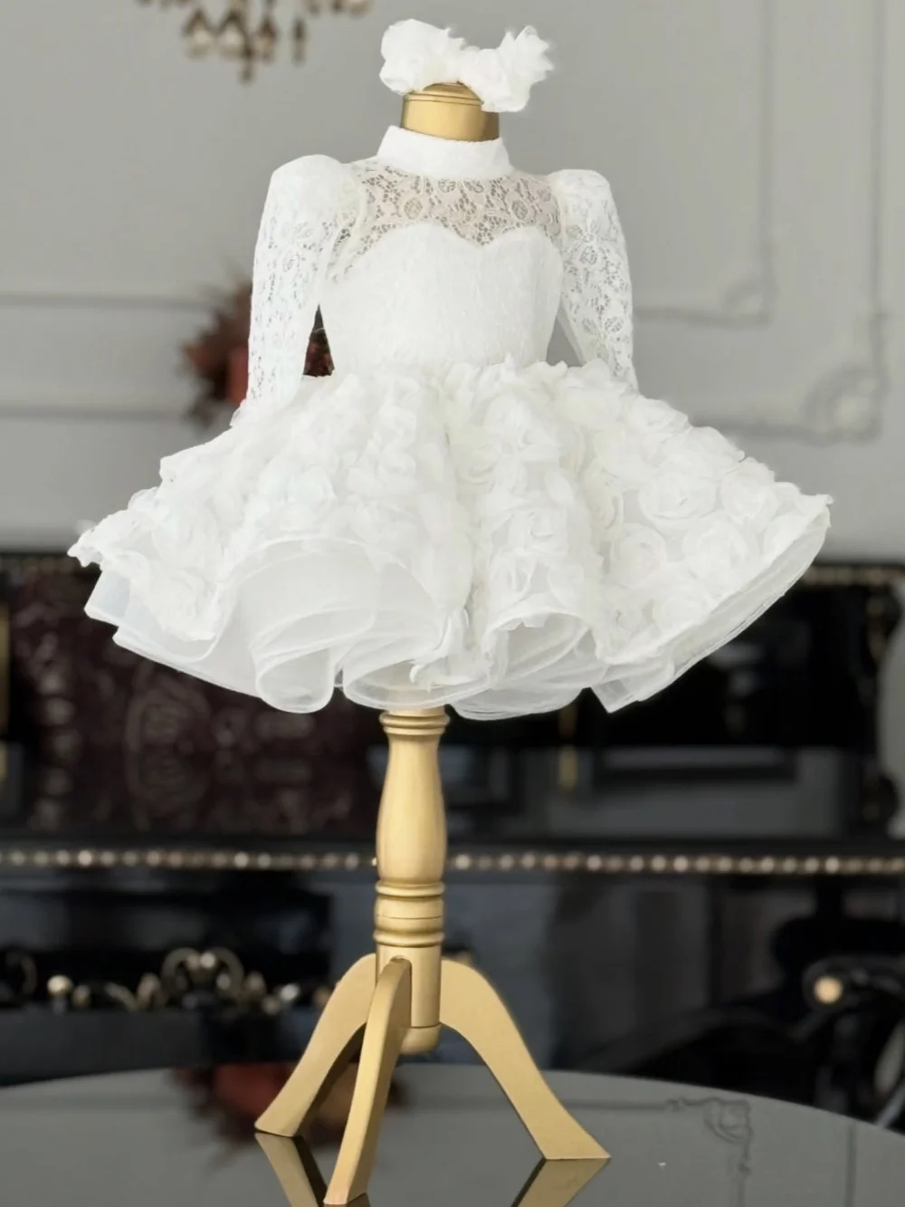 Txjojn White Baby Girl Princess Lace Dress Wedding Birthday Party Wear 3D Floral Long Sleeve Princess Gown For Piano Performance