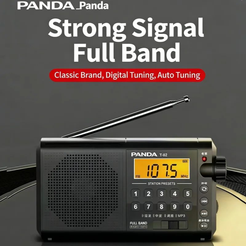 

Panda T-02 FM MW SW Full-band Portable DSP Radio Rechargeable Stereo Speaker Semiconductor Radio auto channel search TF card