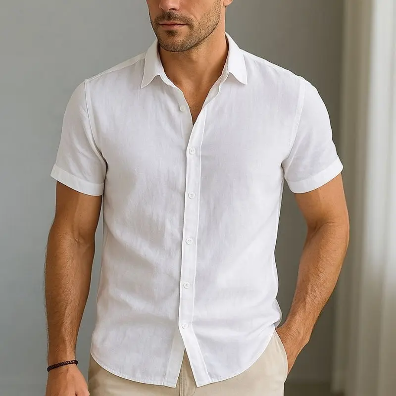 New Men's Short Sleeve Shirt Cotton and Linen Solid Color Flap-up Casual Beach Style Size Special Offer Summer
