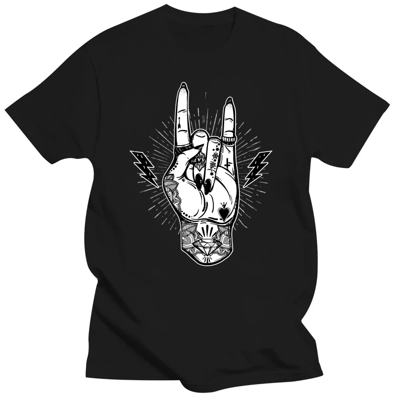 Newest 2019 T Shirt Men Rock And Roll Tshirt - Festival Art - Devil Horns Tattoo Tee