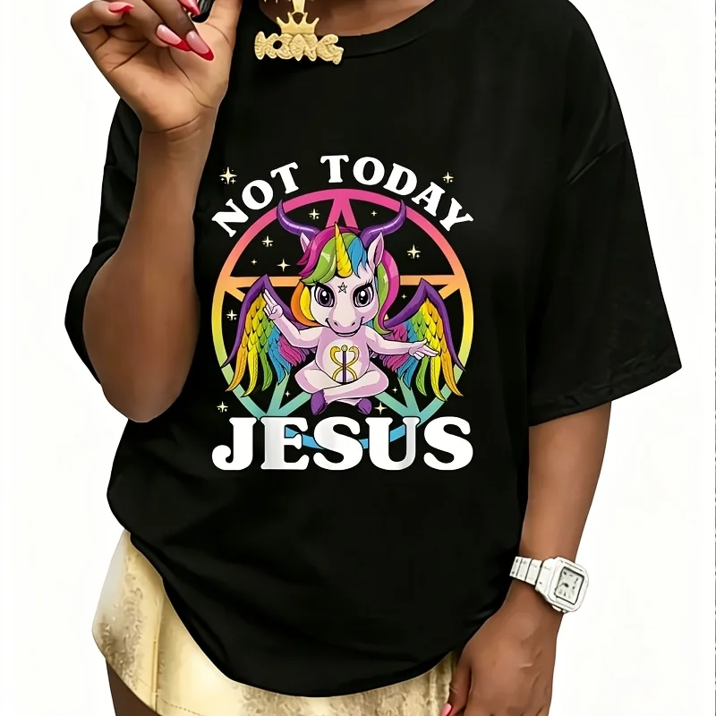 Not Today Satan Unicorn Baphomet Sigil Women's 100% Cotton T-Shirt Short Sleeve Top Casual Round Neck Fun Print Tee S-5Xl