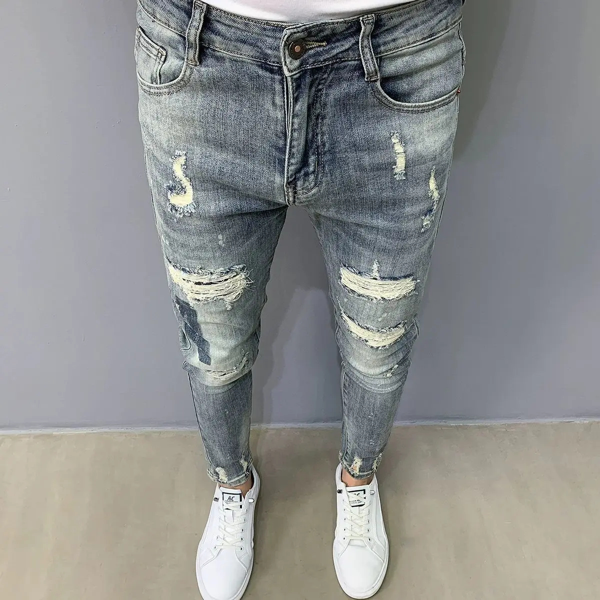 Punk Korean Reviews Many Jeans Male Beggar Ripped 2025 Summer Slim-fit Workwear Washed Blue Small Feet Trousers Cargo Pants