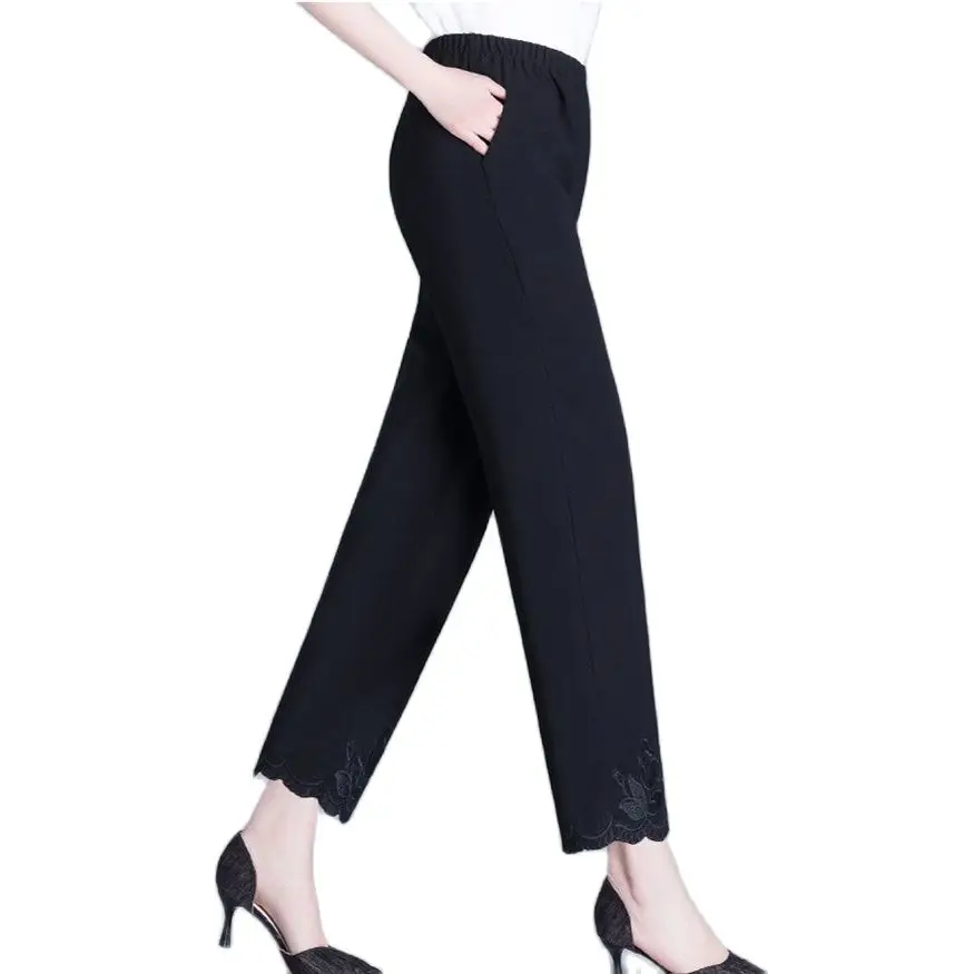 Pantaloni estivi in Chiffon da donna pantaloni dritti elastici a vita alta con ricamo di nuova moda pantaloni larghi Casual femminili 5XL 6XL