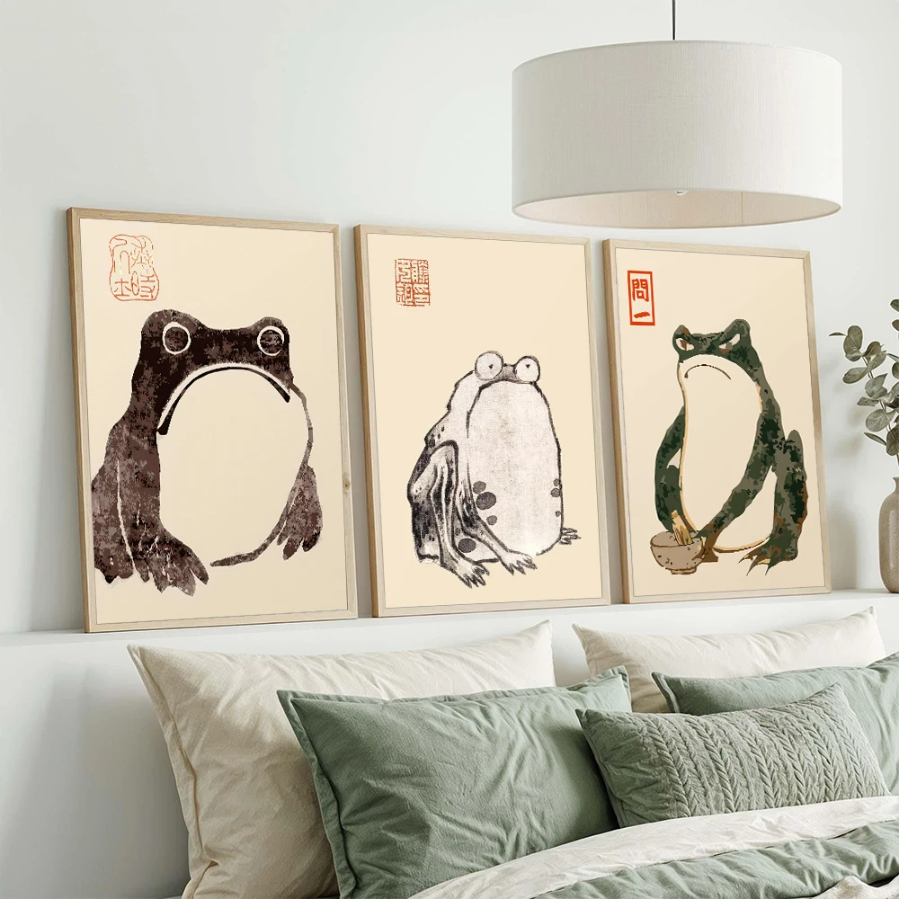 Matsumoto Hoji Frogs - Set of 3 Prints, Vintage Japanese Woodblock, Ukiyo-e Wall Art Canvas Poster,  Modern Home Decor