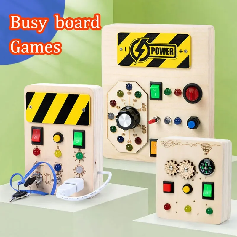 Montessori Busy Board Jouets mentaires oriels en bois avec interrupteur à lumière LED, Tableau de commande, Activités de voyage, Jeux pour enfants, 2-4 ans