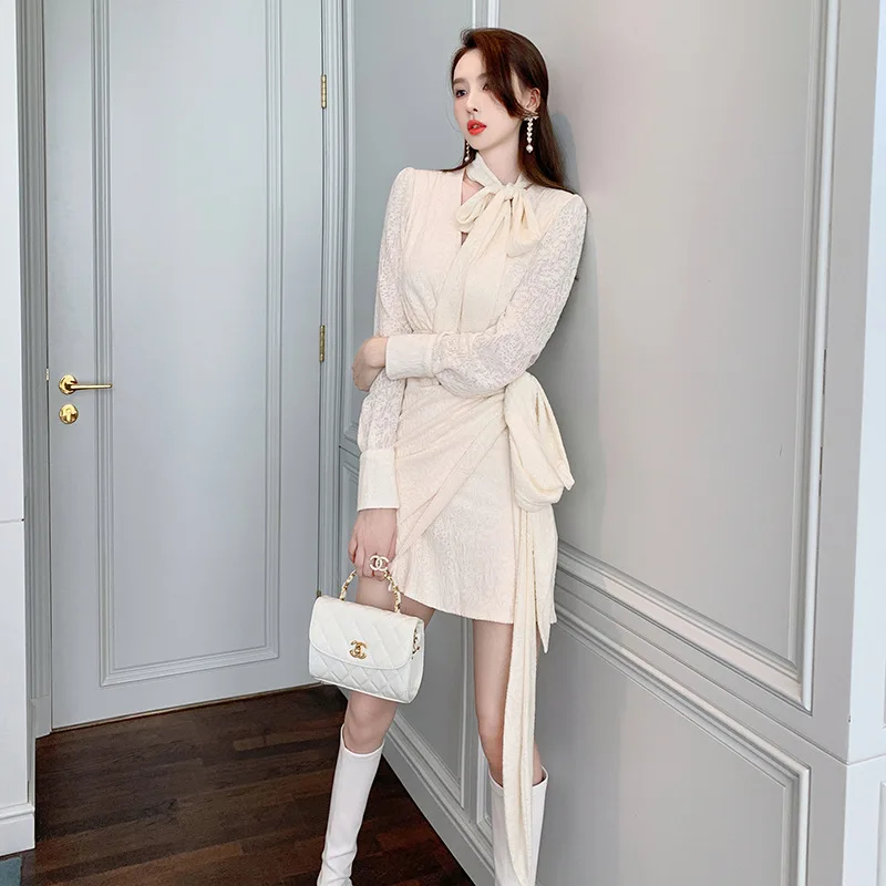 خريف جديد المشاهير التصميم الفرنسي القوس الدانتيل متابعة الخصر غير النظامية الورك ملفوفة اللباس #4