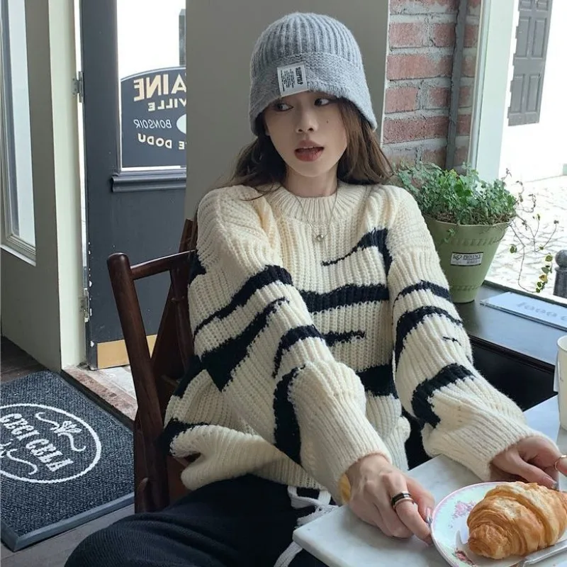 Pullovers Women Zebra-striped Baggy Design Minimalist Daily All-match Leisure Cozy Sweet Girlish New Autumn O-neck Retro Fashion