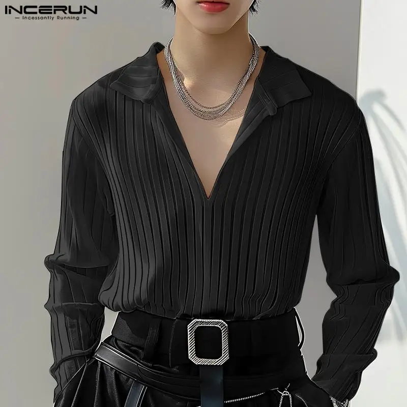 INCERUN Tops 2024 Korean Style Men\'s Solid Texture Simple All-match Shirts Casual Streetwear Male Hot Selling Lapel Blouse S-5XL