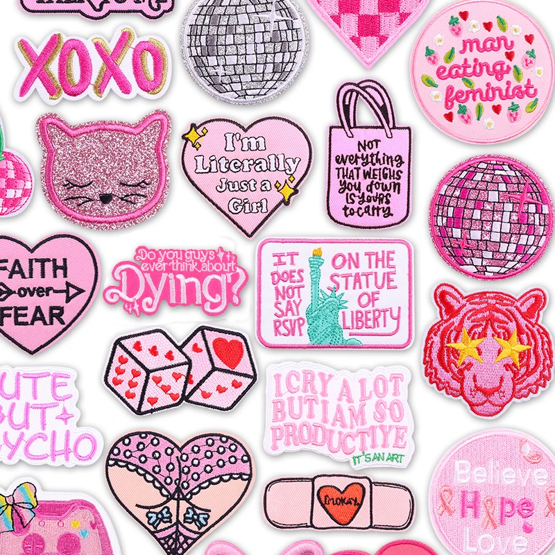 Y2K Pink Heart Dice Lace Embroidery Patches Bow Cherry Pink Disco Ball Iron On Patches For Clothing Thermoadhesive Fusible Patch
