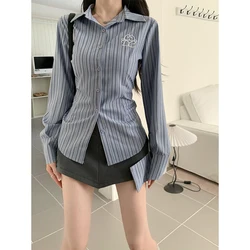 Mexzt Y 2K Gestreepte Shirts Dames Vintage Print Lange Mouw Slanke Blouses Preppy Streetwear Koreaanse Borduurwerk Chique Casual Tops Nieuw