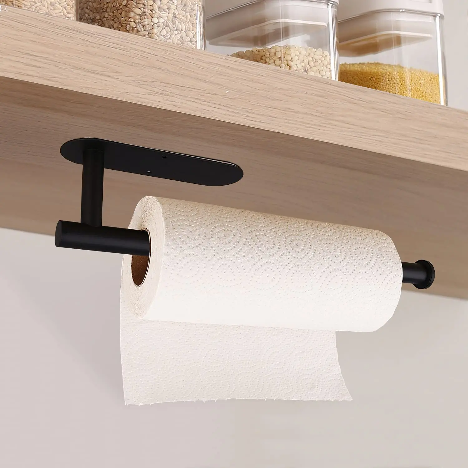 Kitchen paper towel holder stainless steel nailless non-perforated self-adhesive wall-mounted metal black bathroom roll holder