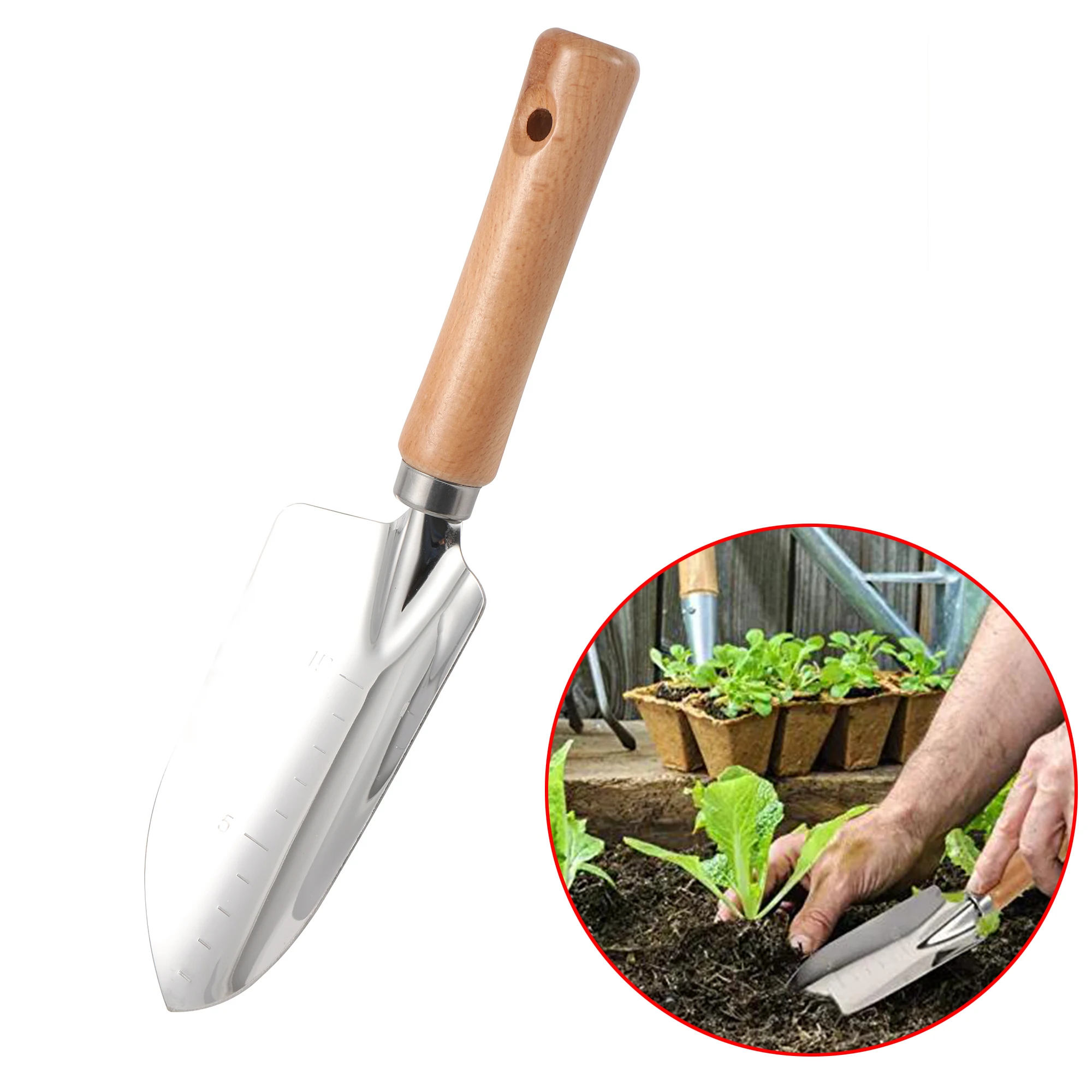 

Gardening Wooden Handle Stainless Steel Wide Shovel Garden Shovel Portable Sand Shovel With Scale Gardening Soil Shovel