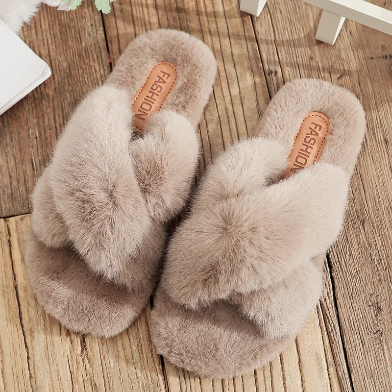 Women Fashion Warm Fluffy Slippers Cozy Faux Fur Cross Indoor Floor Slides Flat Soft Furry Ladies Female Celebrities Flip Flops