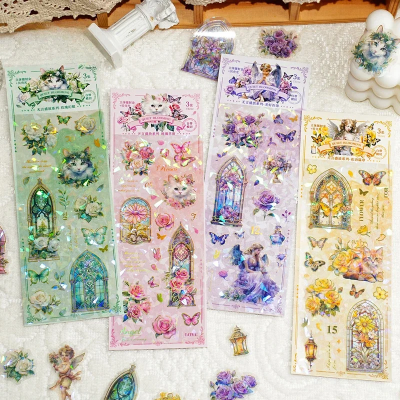 3 Sheets/pack Bronzing Shell Light PET Sticker Retro Dream Romantic Flower Window Girls Cats Scrapbooking Journaling Collages