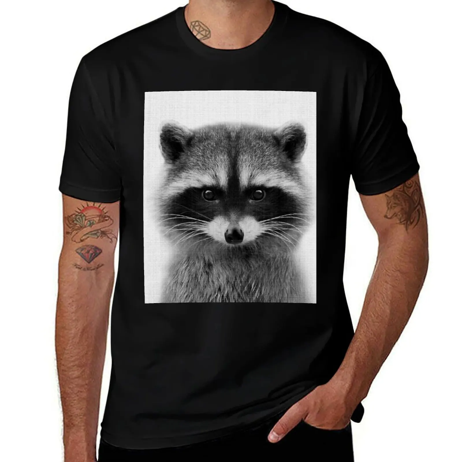 

raccoon headshot in black and white T-Shirt t shirts for man cotton funny man t shirt summer funny t shirts man T-Shirt