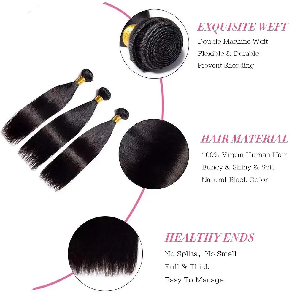 Прямые пучки человеческих волос Бразильские человеческие волосы 3 пучка человеческих волос для чернокожих женщин 22, 24, 26 дюймов, класс 10 А, 100% необработанные