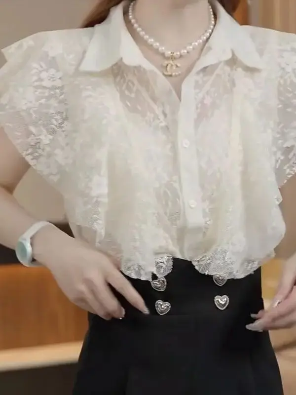 Lace Patchwork Women's Shirt Spring Summer New Design Sensation Small Fly Sleeve Semi-Transparent Top Korean Style Loose Fit