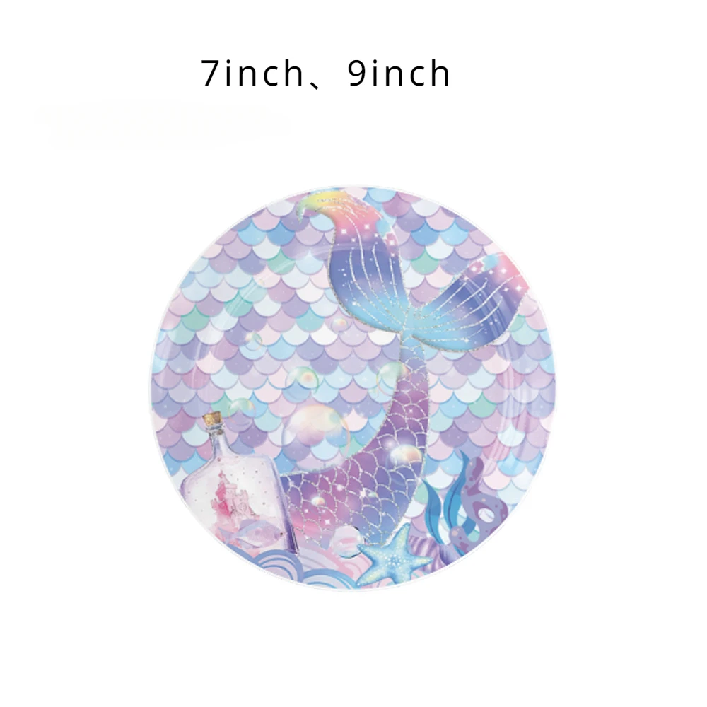 10 Pcs Blue Mermaid Birthday Party Theme Flag Pulling Napkin Plate Tableware Party Equipment Decoration Anniversary Unicorn