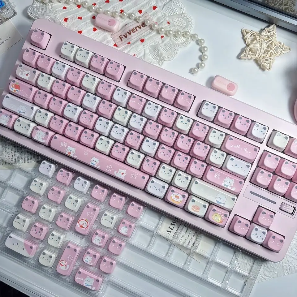 113 Key Cute Gradient Cat Key Cap Transparent Cat's Ears Keys Cap Cute Keycaps PBT MAO Profile for ANSI Made68 Mad68 Wooting 60