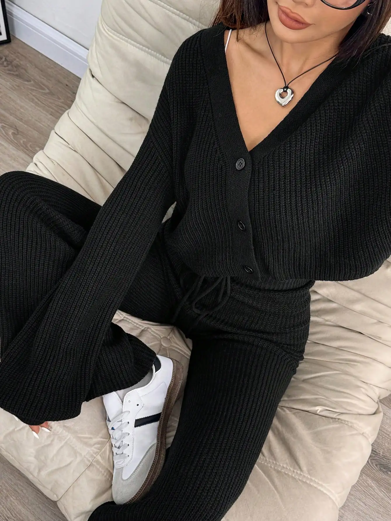 

Women's Black Ribbed Knit Cardigan & Flare Pants Set with Drawstring Waist, Casual Fall/Winter Outfit