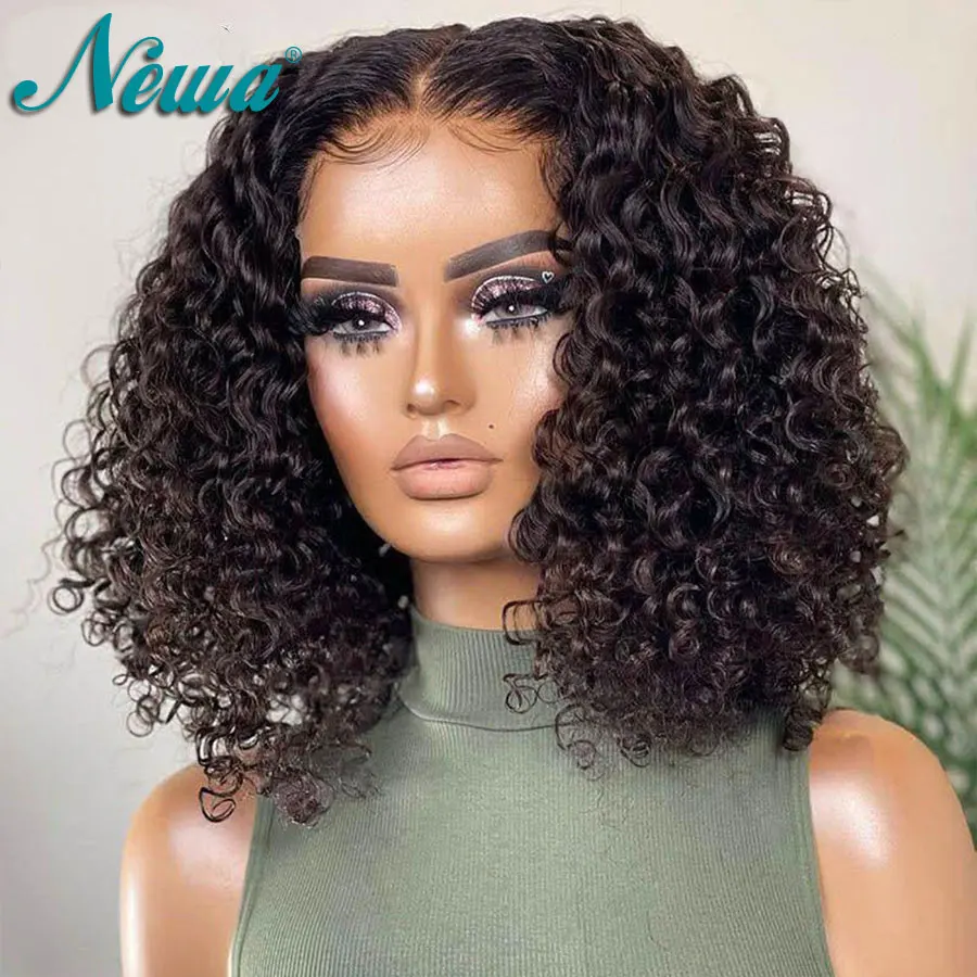 Newa Hair 13x6 Transparent Lace Wig Short Curly Bob Wig Lace Front Human Hair Wig Pre Plucked Natural Black Frontal Wig BOB Wigs