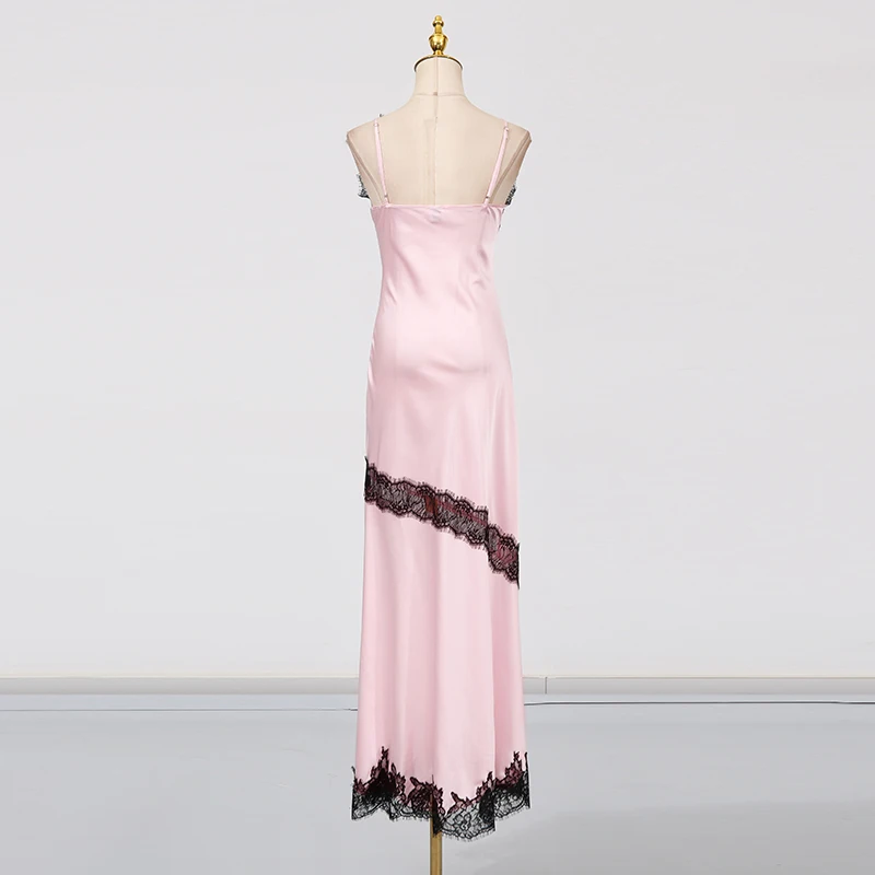 KBQ Solid Sexy Spliced Lace Slimming Dresses For Women V Neck Sleeveless High Waist Summer Temperament Dress Female Fashion New