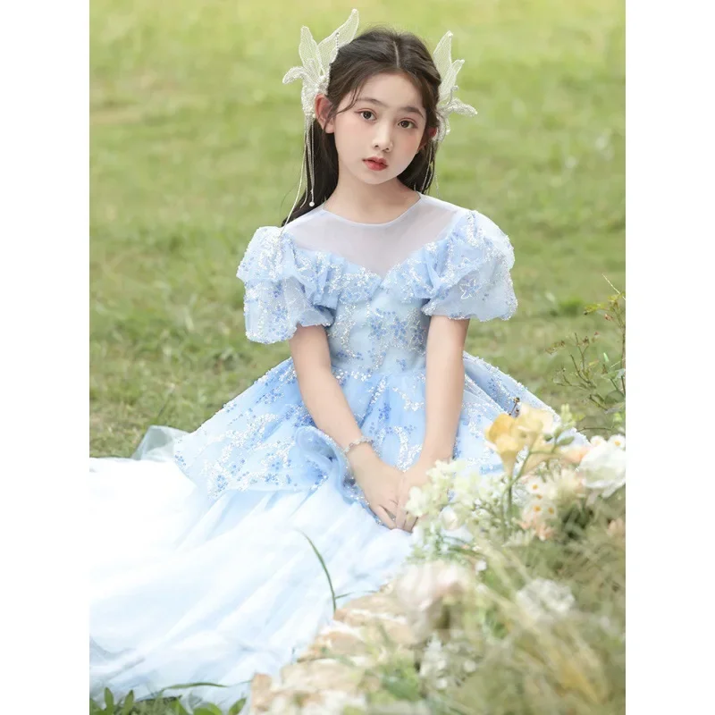 Girl's Princess Dress Birthday Party Children Clothing Tulle Puff Short Sleeve Performance Costume Solid luxury Evening Dresses