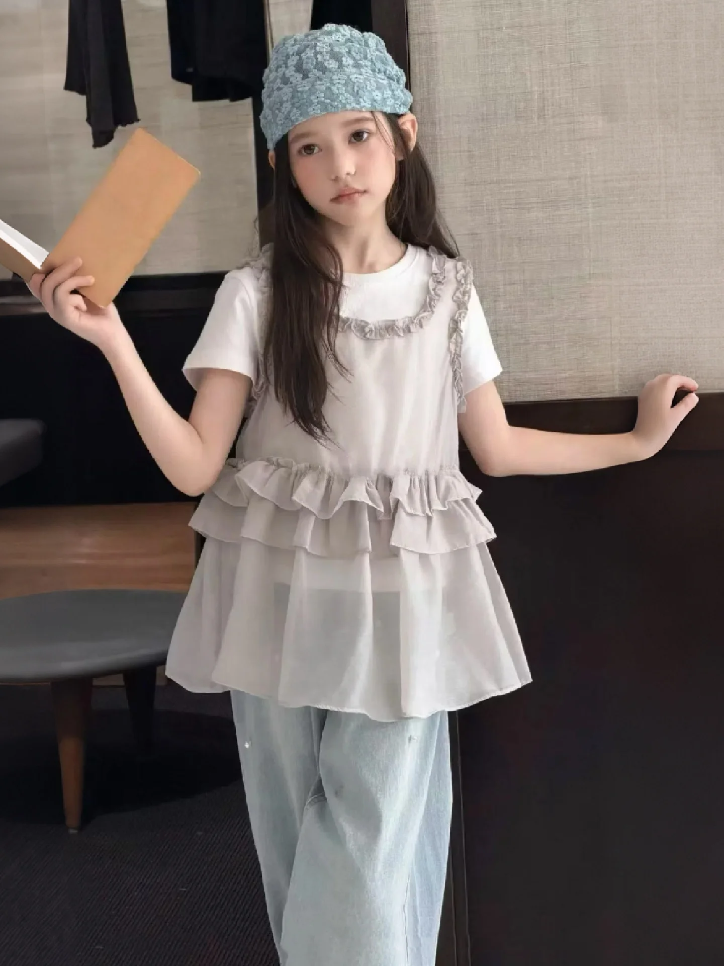 

Korean Style Short Sleeve T-Shirt Thin Medium And Large Children's Summer Clothes Super Cute Street Style Top for Girls