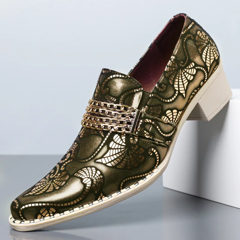Men's Plus Size 47 48 Pattern Loafer Chain Decor Slip-On Pointed Toe Comfort Medium Heel Formal Dress Shoes Luxus Designer Shoes