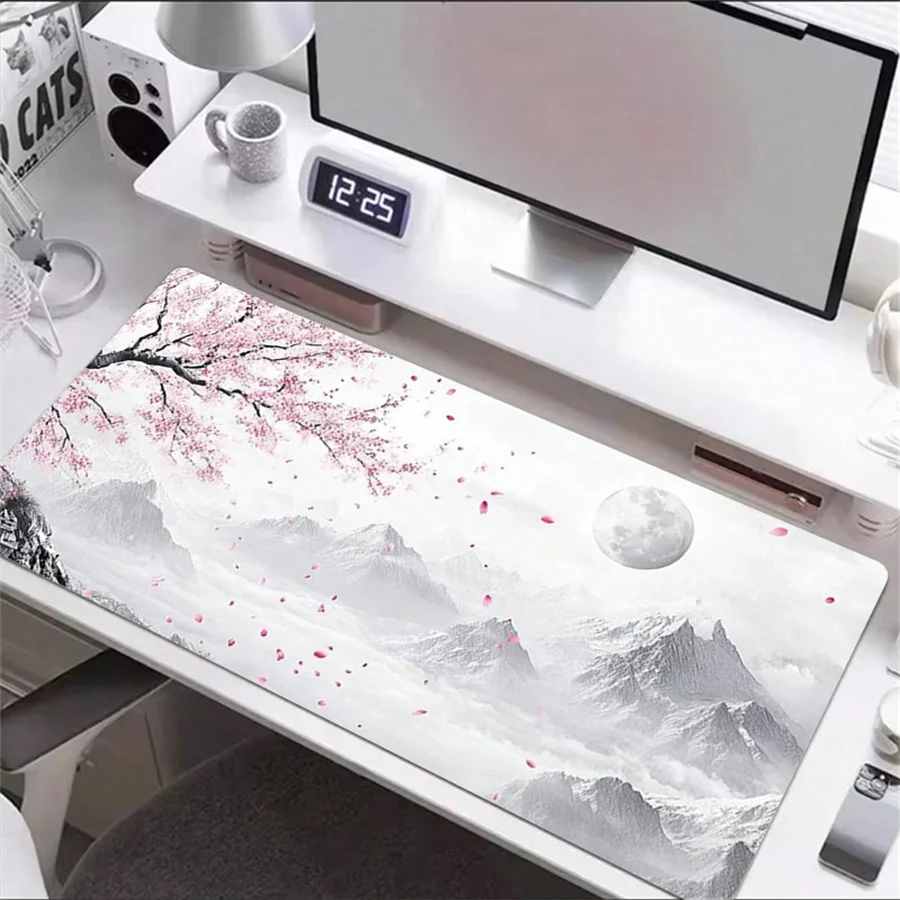 Extra Large Leather Mouse Pad With Snowy Mountain And Cherry Blossom Design Washable Leather Surface Non-Slip Desk Protector Pad