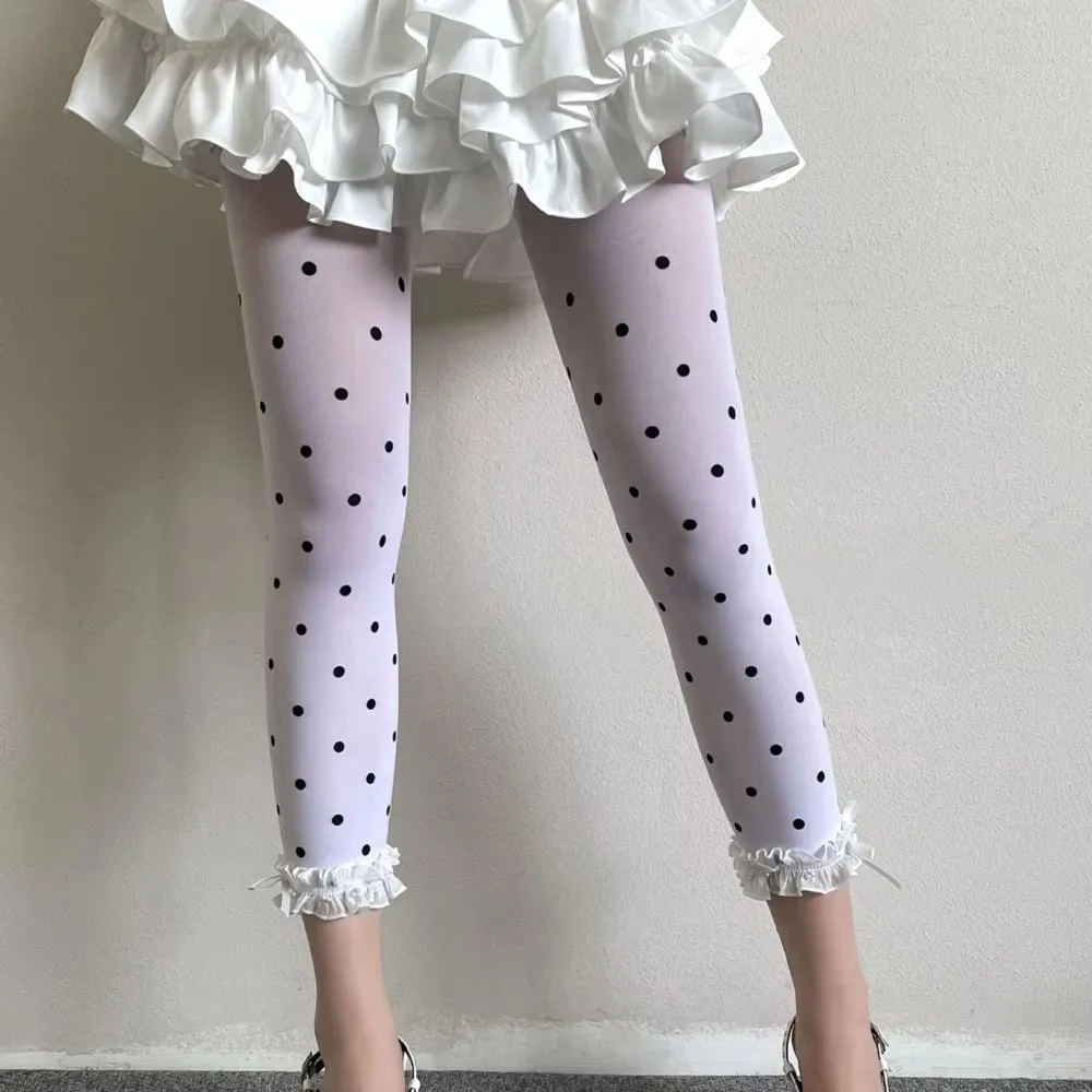 Sweet Lace Trim Thin Leggings Polka Dot Velvet Fabric Capri Pants Thin Material Retro Style Girls Pants For Girls