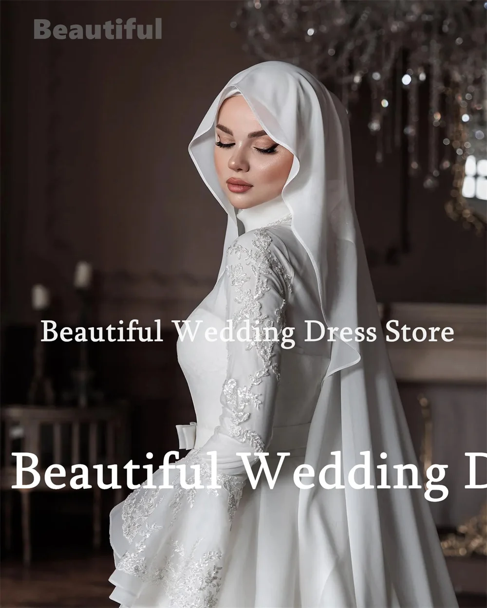 Muslim Luxury Wedding Dress For Women Lace Appliques A-Line Floor-Length Arab Luxury Bridal Gown Wedding Party Dress Vestidos