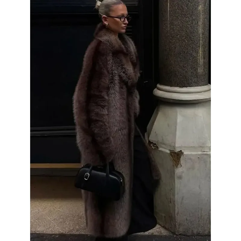 Manteau long en fausse fourrure marron de luxe pour femmes, col châle décontracté, manches longues, manteau moelleux, hiver, chic, épais, chaud, vêtements de rue