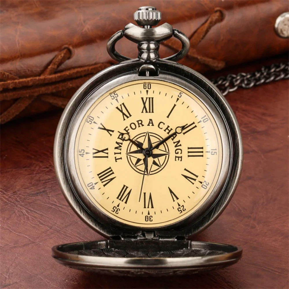 Punk Retro Compass Pattern Quartz Pocket Watch Roman Numerals Dial Grey Black/Bronze/Silver Necklace Pendant Clock Gift Unisex