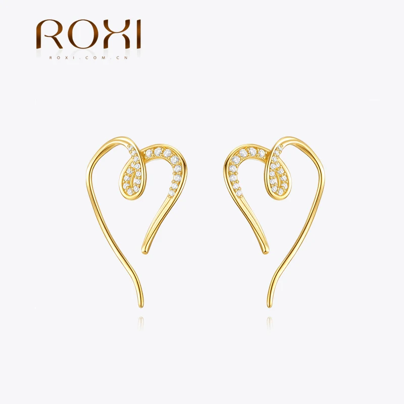 ROXI 925 Sterling Silver 1 Pair Bend Line Design Raw Zircon  piercing  Earrings For Women Simple Gold Earrings Party jewelry