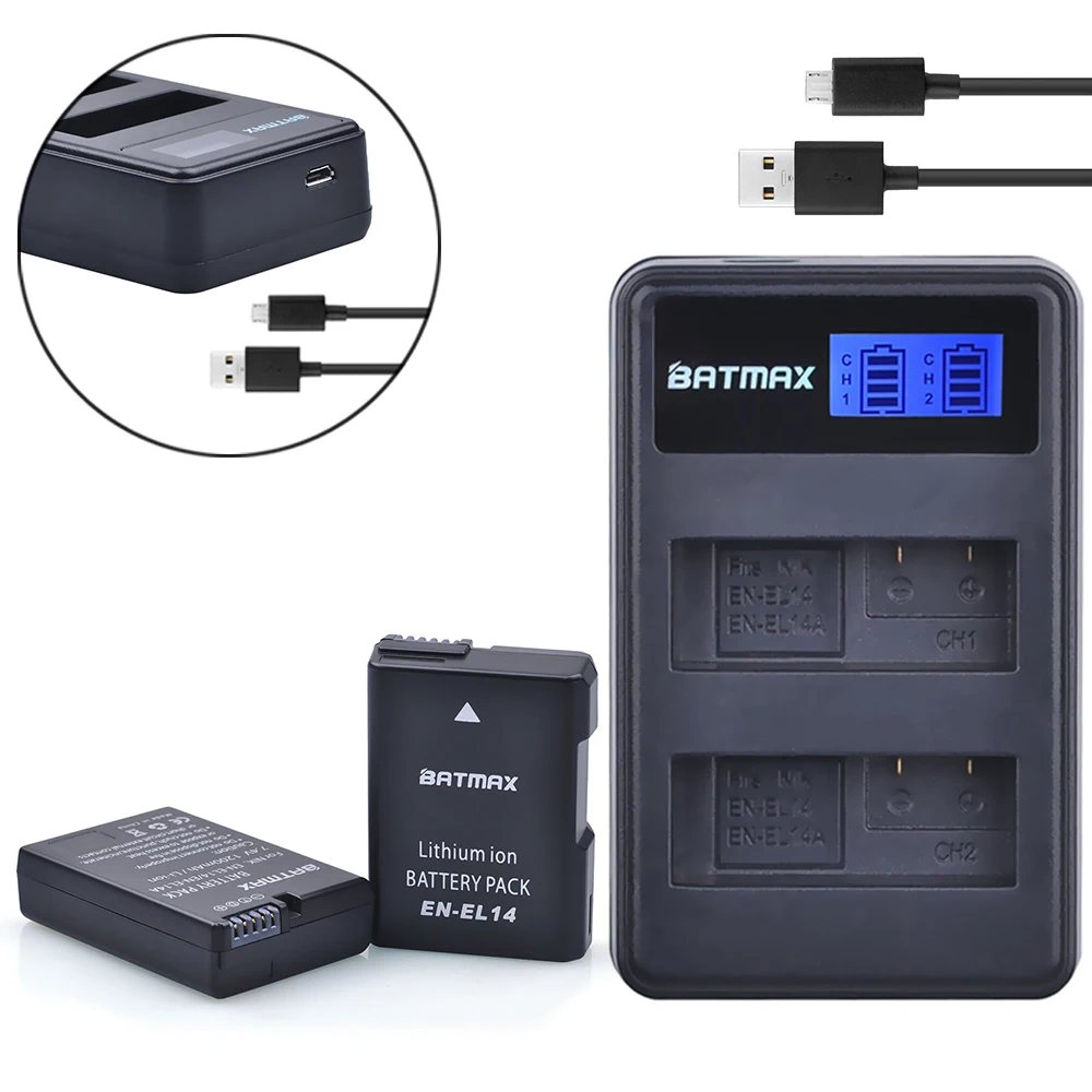 Batmax EN-EL14 EL14a Battery+LCD Dual Charger for Nikon D5600,D5500,D5300,D5200,D5100,DF,P7800,P7700,P7100,P7000