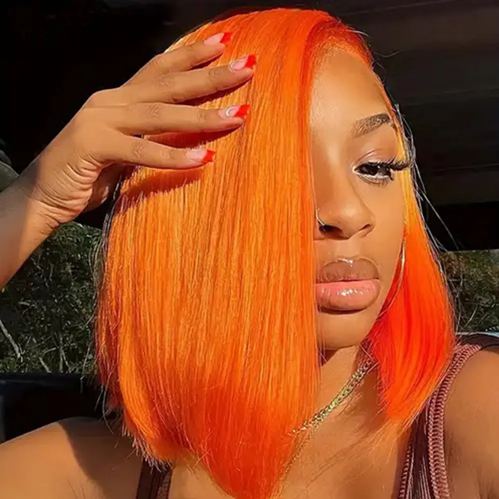 

Оранжевый # Прямой парик-боб из натуральных волос Реми, 350 цветов, с прозрачной кружевной передней частью 13x4