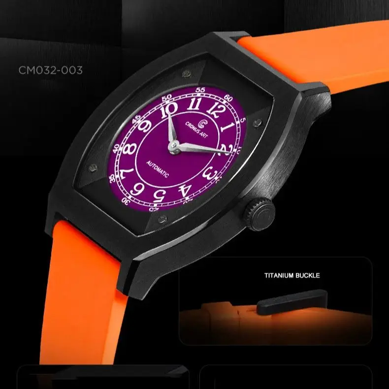 CRONUSART Men Automatic Watch 41mm Titanium Tonneau Mechanical Wristwatch Luminous FKM Fluororubber Strap Micro Rotor