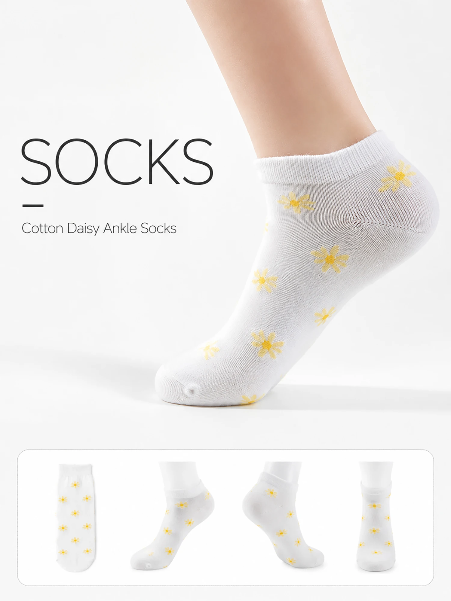 1/3/6Pairs Women's Daisy Print Ankle Socks Breathable Cotton Cushioned Low Cut Floral Casual Comfort Daily Wear Summer Style