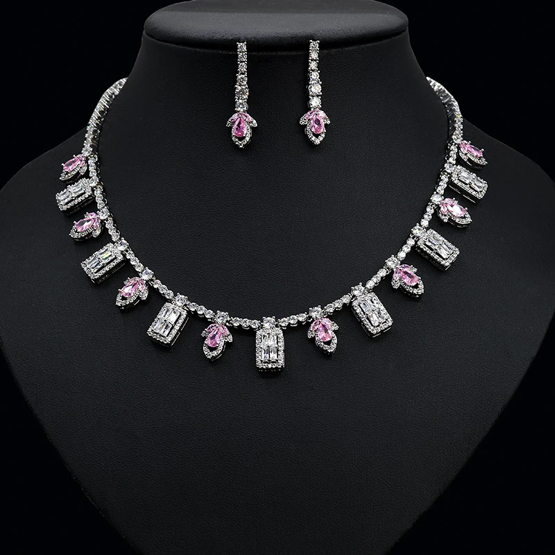 

HIBRIDE Leaf Flower Pendant Necklace Earring Set Cubic Zirconia Jewelry Sets For Dubai Nigeria Wedding Party Accessories N-151