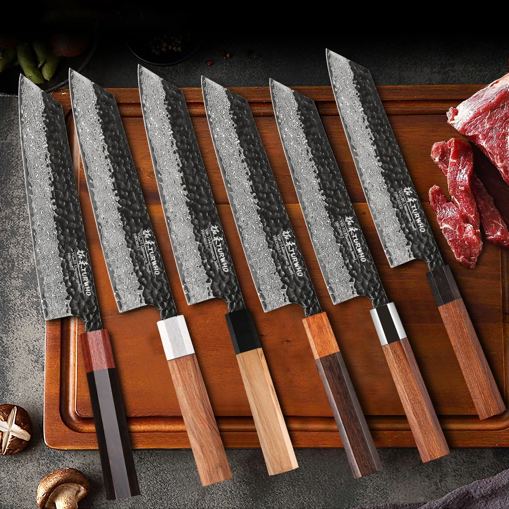 TURWHO 8.2-inch Hand Forged Japanese Kiritsuke Chef Knife Damascus Steel Kitchen Knives Sharp Meat Cleaver Slicing Cooking Tools