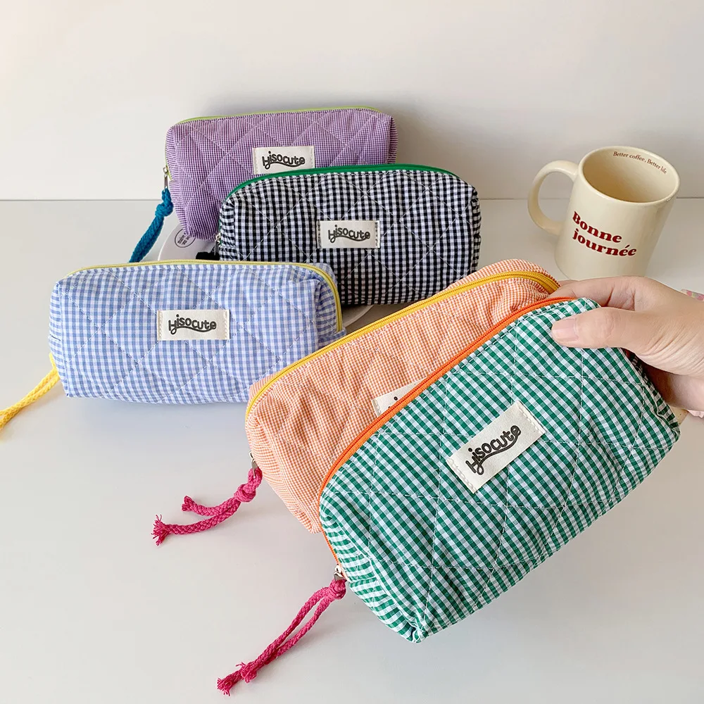 1pc Fashion Simple Solid Color Plaid Pencil Case Students Large Capacity Desktop Storage Learn Pen Bag Back To School Stationery