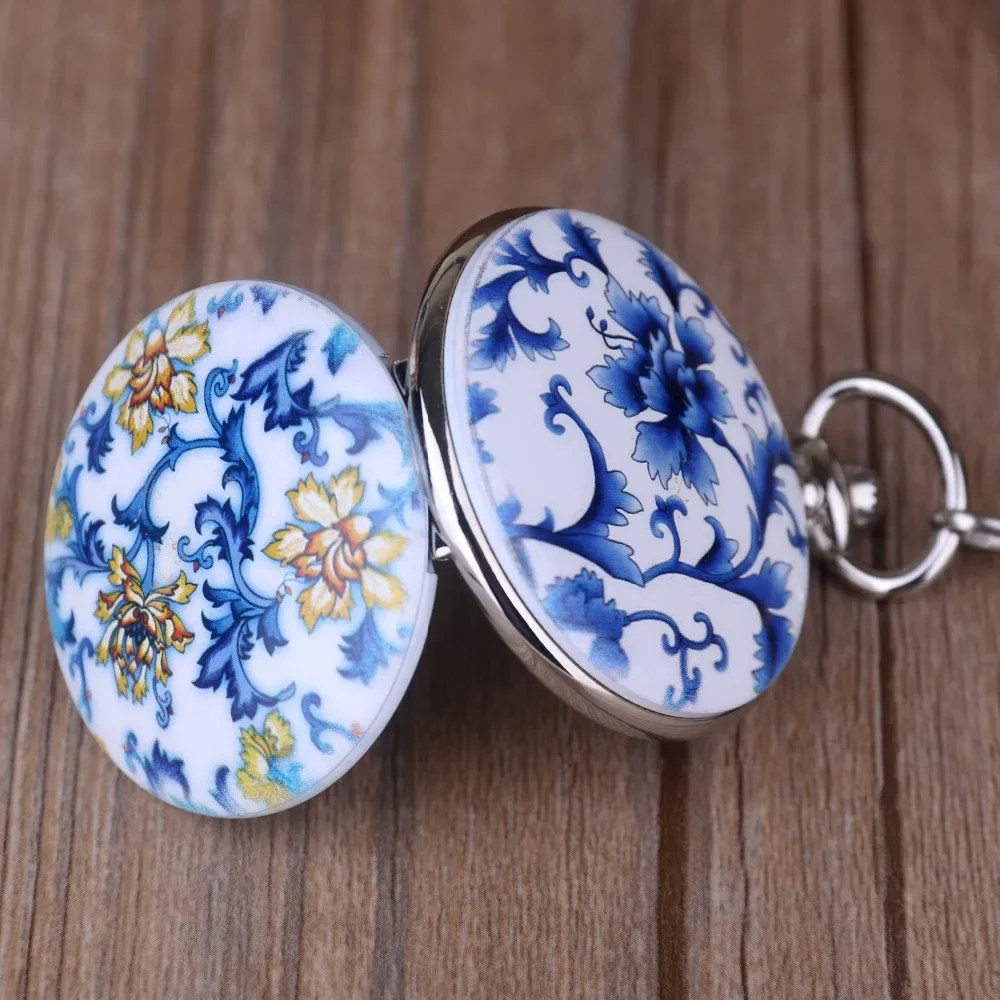 New Blue and White Porcelain Flower Design Pocket Watches Roman Number Steampunk Mechanical Pocket Watches Men Women Fob Chain